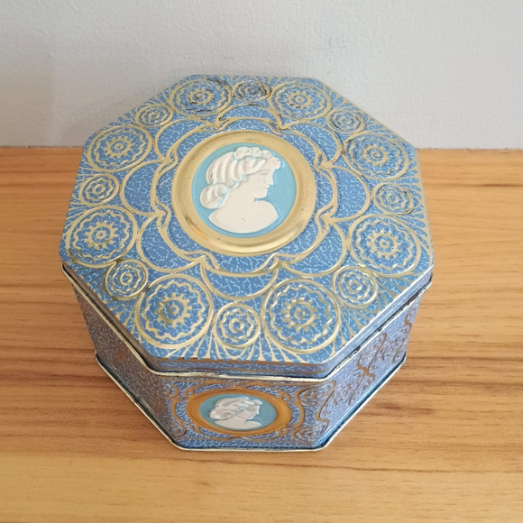 Other - Vintage Octagon Embossed Cameo Drop Candy Tin England Blue White Gold